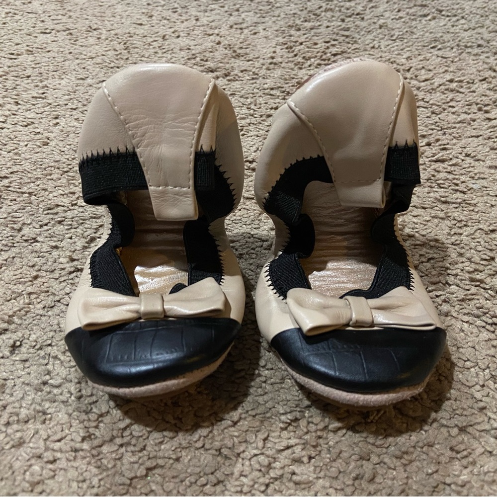 Yosi Samra Samara Beige Black Bow Leather Ballet Flats Girls Size 12c Foldable